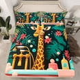 thumbnail image 3 of Homewish Kawaii Giraffe Lover Queen Sheet Sets, Green Palm Leaf Flat Sheet, Vintage Cartoon Theme Queen Fitted Sheet, Lightweight Room Decor, 4pcs, 3 of 8