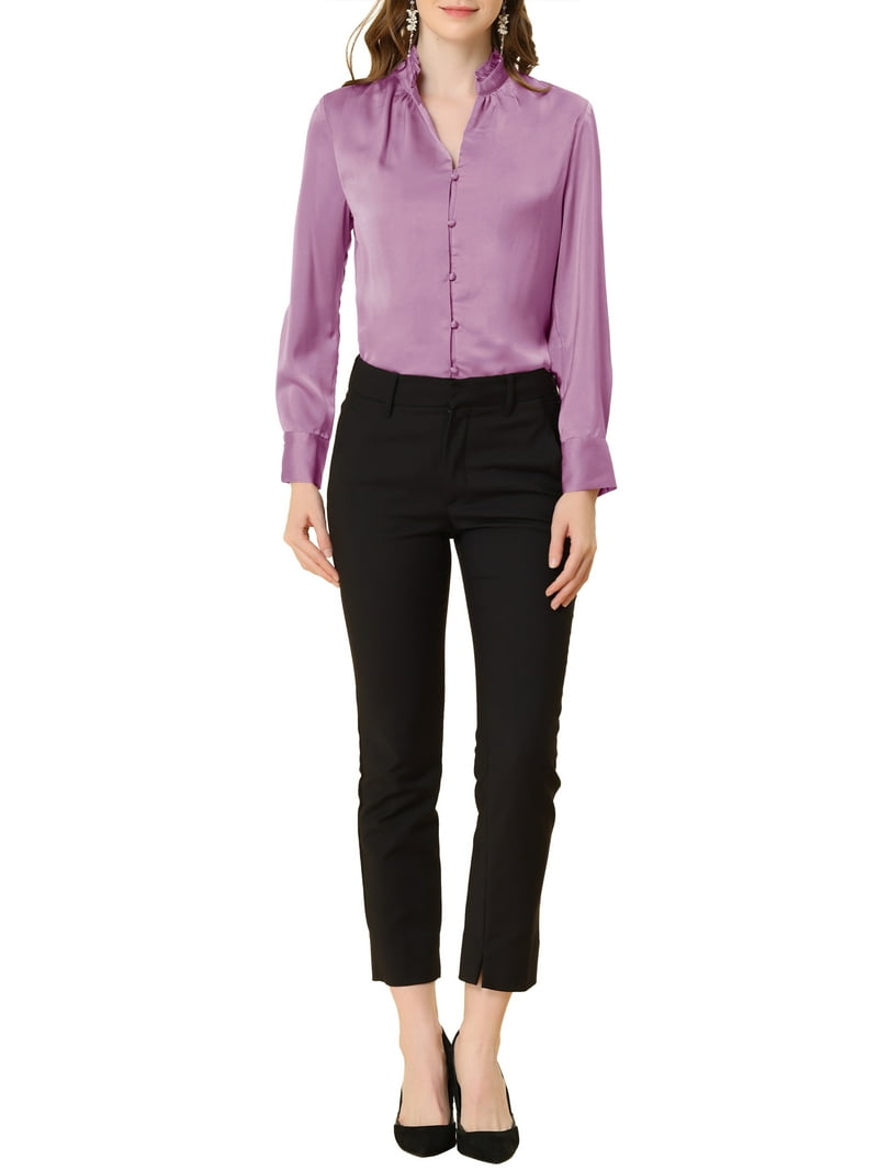 juniors purple dress shirt MODA NOVA Juniors Ruffled Stand Collar Long Sleeve Button Office Satin Shirt  Purple S