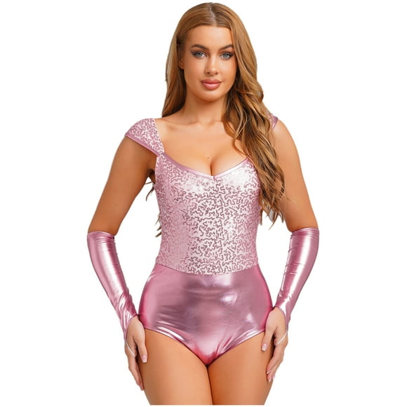 TiaoBug Sequin Metallic Shiny Bodysuits for Women Removable Sleeves Slim Fit Leotard Set for Halloween Pink XL