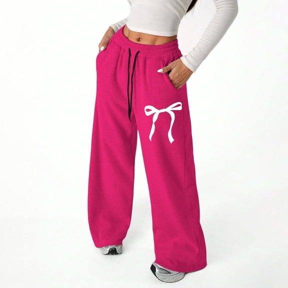 GiLiling Girl's Bowknot Baggy Sweatpants, Cute Straight Leg Athletic Pants, Elastic Waist Drawstring Pant for Teen Girls (Hot Pink, 4-5 Years)