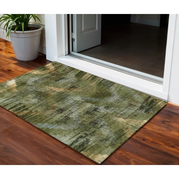 HomeRoots 587140 3 x 5 ft. Abstract Washable Indoor & Outdoor Rectangle Area Rug, Olive Green & Gold