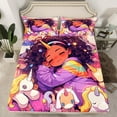 thumbnail image 2 of Black Twin Sheet Set,Cartoon Unicorn Sheets American African Bed Sheets Set,Afro Hair Princess Melanin Flat Fitted Sheet Magical Animal Dreamy Horse, 2 of 5