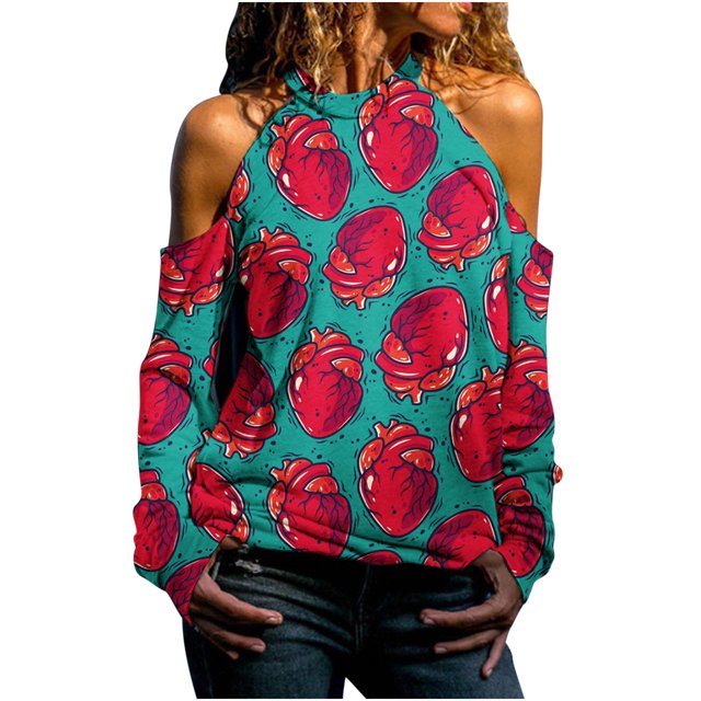 Blusa informal de manga larga con cuello redondo para mujer, blusa holgada con hombros descubiertos, camisa gráfica con estampado de Halloween Pompotops FGAJ4114