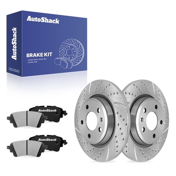 AutoShack Rear Solid Drilled & Slotted Silver Zinc Coated Brake Rotors   Ceramic Pads 6-PC Brake Kit Replacement for 2017-2020 Audi A4 2018-2019 Audi A5 Quattro SilverShield Pro 11.81" (299.9 mm)
