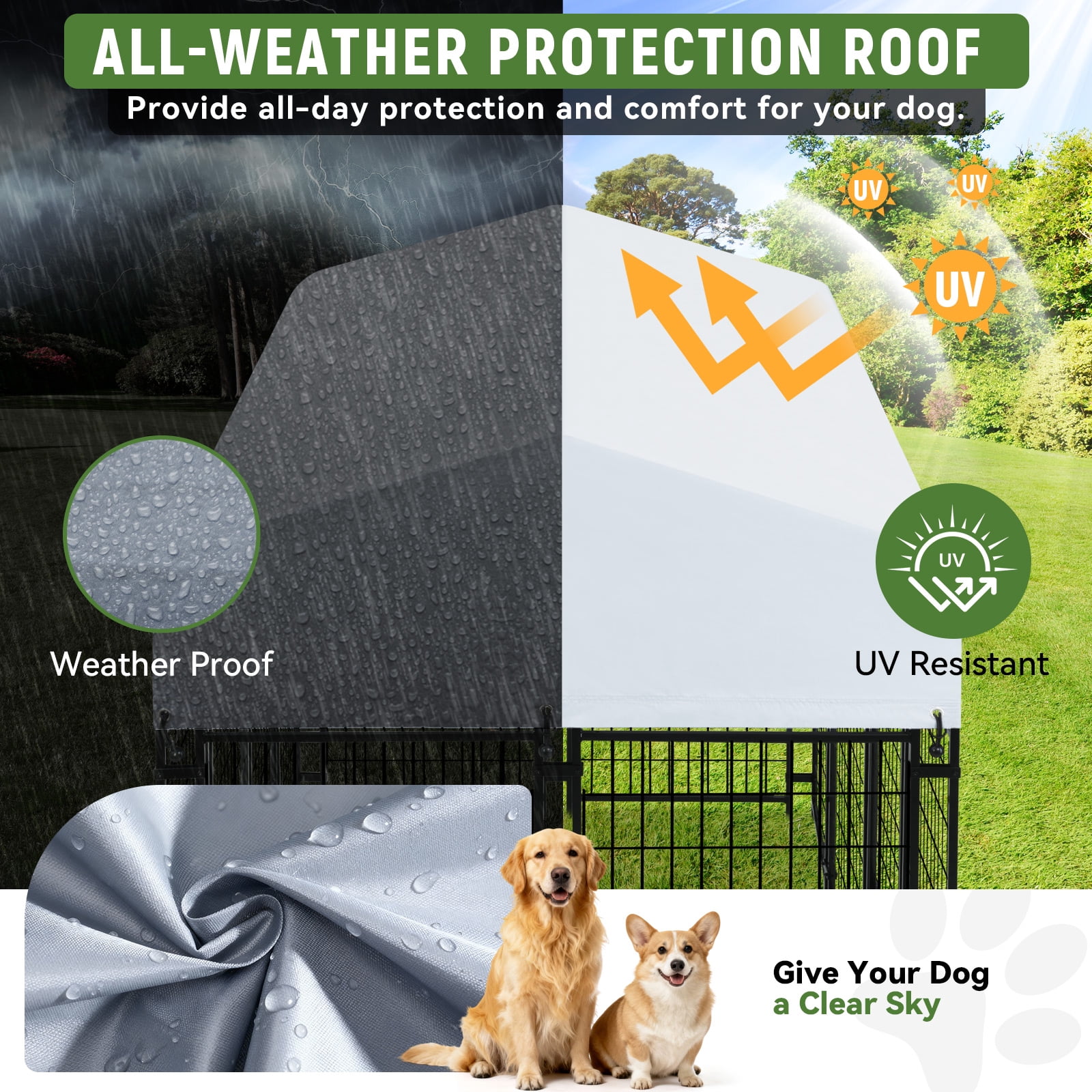Oranland 4 x4 x5FT Outdoor Large Dog Kennel, Heavy Duty Modular Dog Cage with Waterproof Cover, Dog Playpen with 2 Rotating Bowls & Secure Lock for Patio, Garden, Backyard