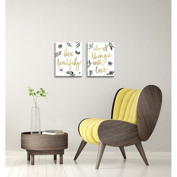 Gango Home Decor Contemporary Live Beautifully BW & Do All Things with Love BW; Two 11x14in Hand-Stretched Canvases