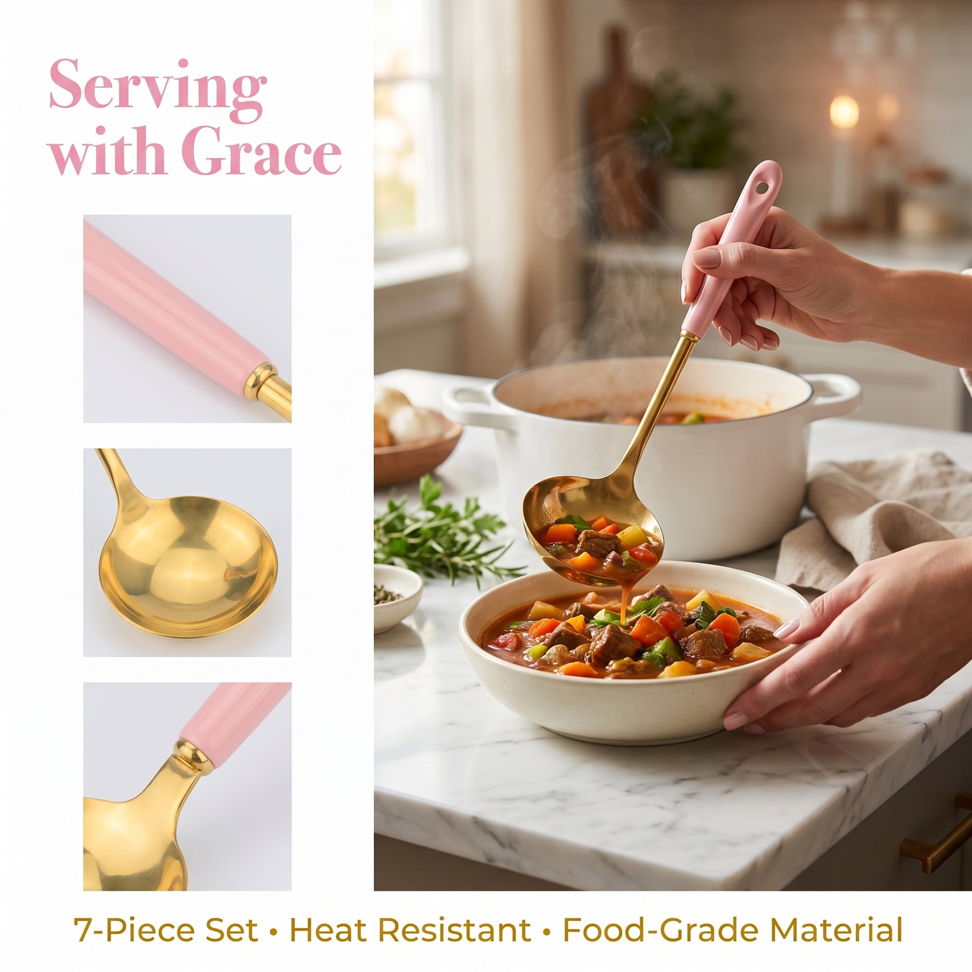 Unique Bargains Essential Kitchen Gadgets Cooking Utensil Set with Silicone Pink A 7pcs