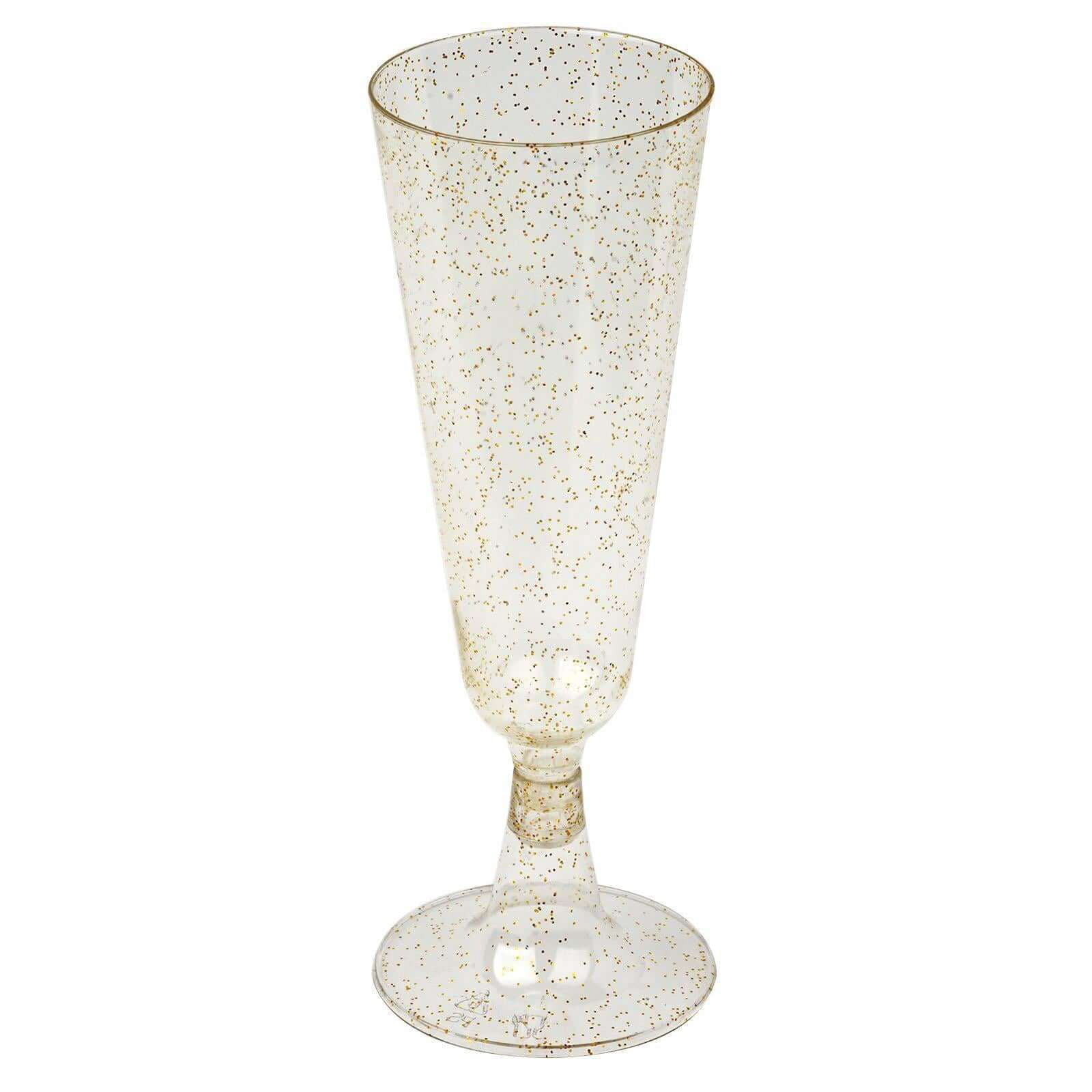 Efavormart 60 Pack 5oz Gold Plastic Disposable Champagne Glasses Flutes, Short Stem Glitter Sprinkled Trumpet Design | Detachable Base