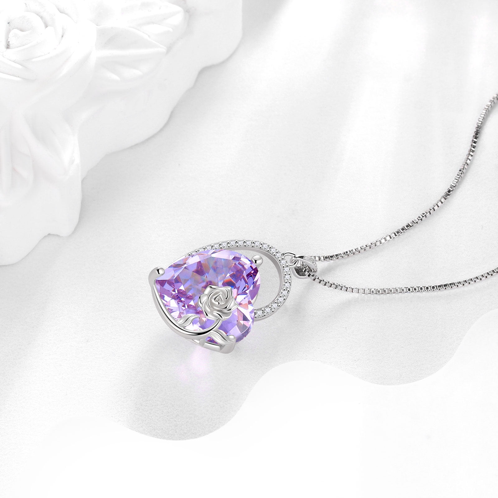 Juwaliy 925 Sterling Silver 15MM Heart Necklace Women June Birthstone Alexandrite Purple Jewelry Rose Flower Pendant Mom Birthday Valentines's Day Gift for Her