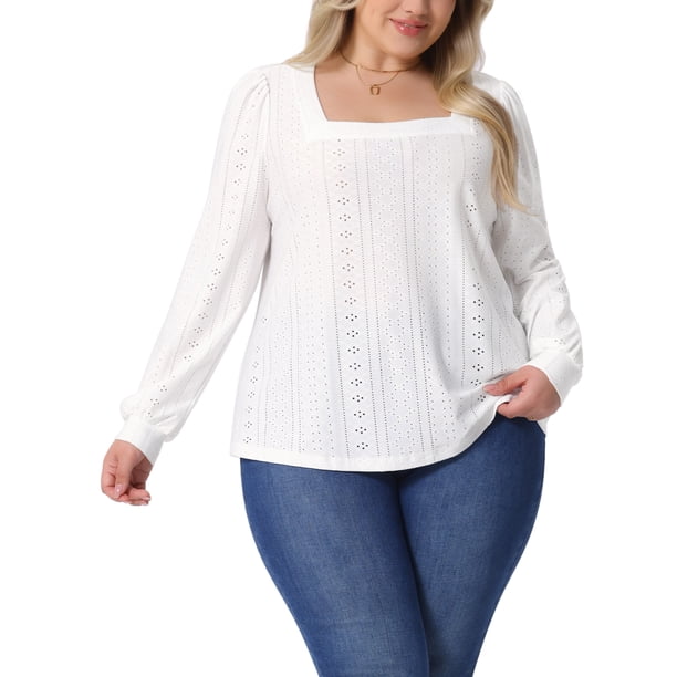 Camisas elegantes de ojo de perdiz de manga larga con escote cuadrado para mujeres de tallas grandes Agnes Orinda 1X blancas