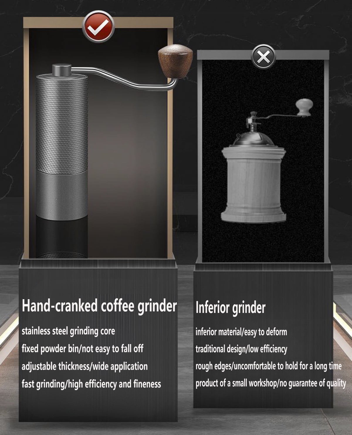 Manual Coffee Grinder Stainless Steel with Checkered Handle - Portable Hand-cranked Bean Grinder, No Electricity Required for Home and Travel