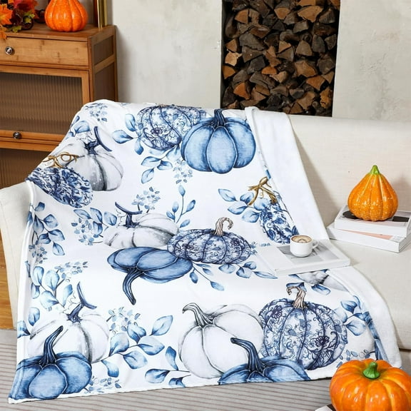 Blue Fall Pumpkin Throw Blanket Fall Decor Autumn Blanket Soft Flannel Throw Blankets Farmhouse Soft Cozy Decor Throws for Thanksgiving Living Room Couch Bed Chair Dorm, 50" x 60"