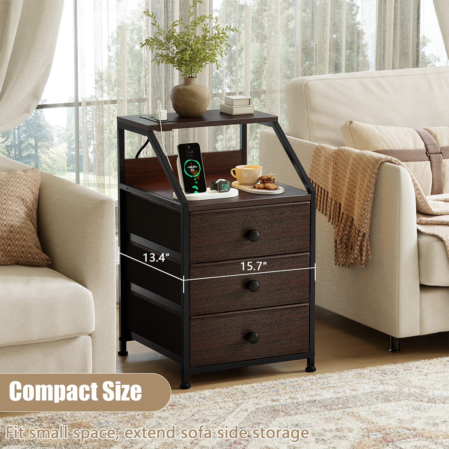 GUNAITO LED Nightstand with Charging Station, Brown photo 3