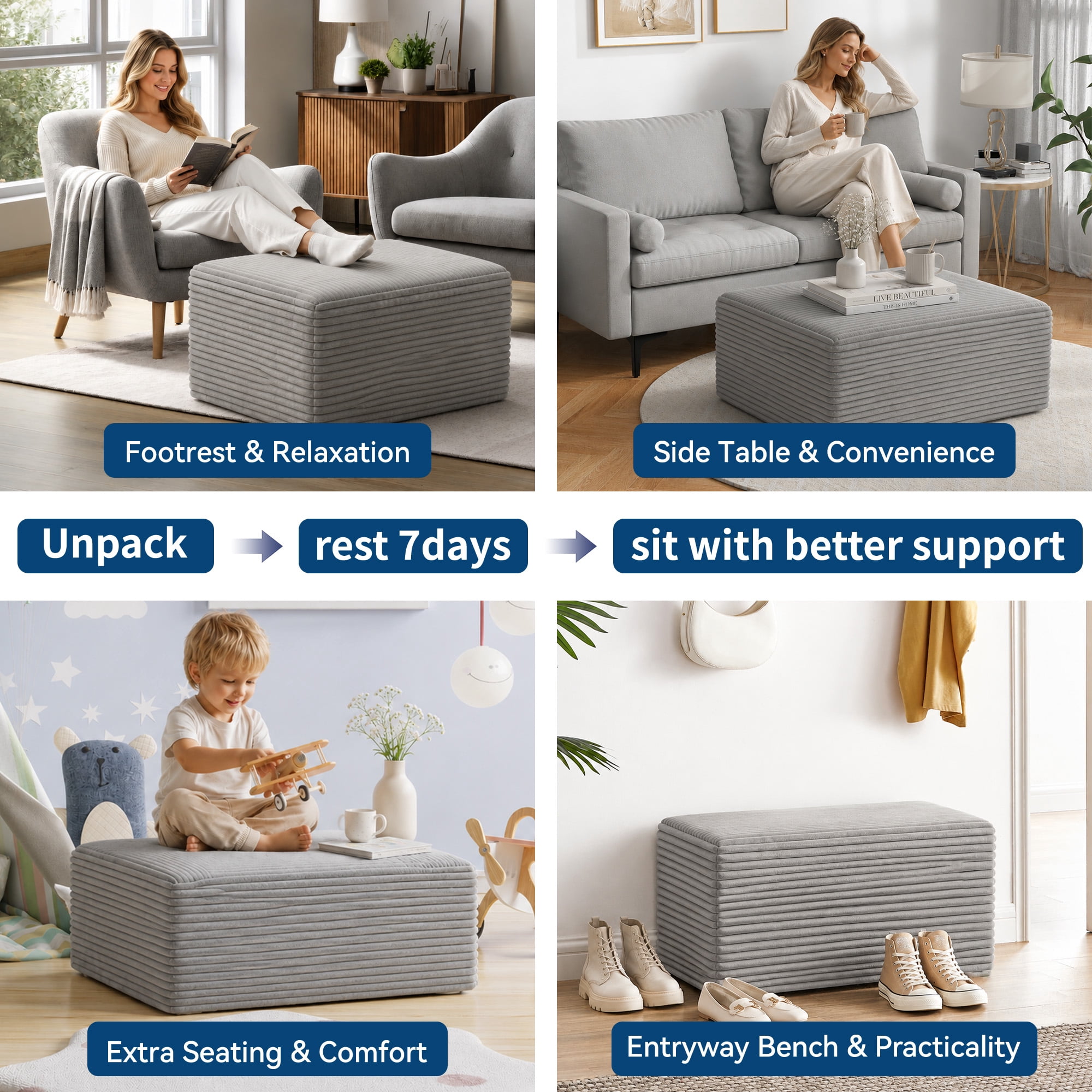 IDEALSOUL Corduroy Ottoman, Rectangle Ottoman Foot Rest for Couch, Oversized Modular Sectional Sofa Stool, Extra Seating & Coffee Table for Sofa, Cloud Foot Rest Foam Support, No Assembly Required