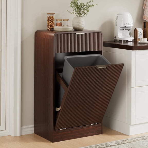 Kuublock 10 Gallons Tilt-Out Trash Can Cabinet, Fluted Laundry Hamper Cabinet with Drawers, Freestanding Pet Proof Hidden Garbage Recycling Cabinet for Kitchen, Living Room, Dark Walnut