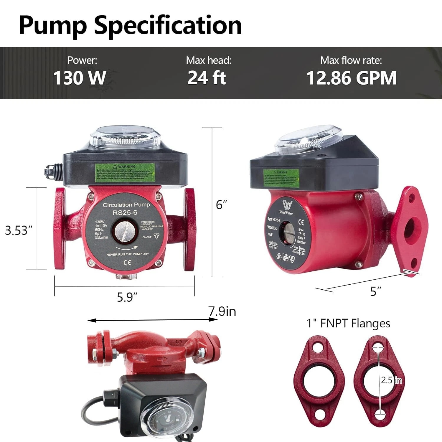 iMeshbean 110V Circulation Pump w/ Timer 130W 12.86 GPM Hot Water Recirculating Pump for Boiler