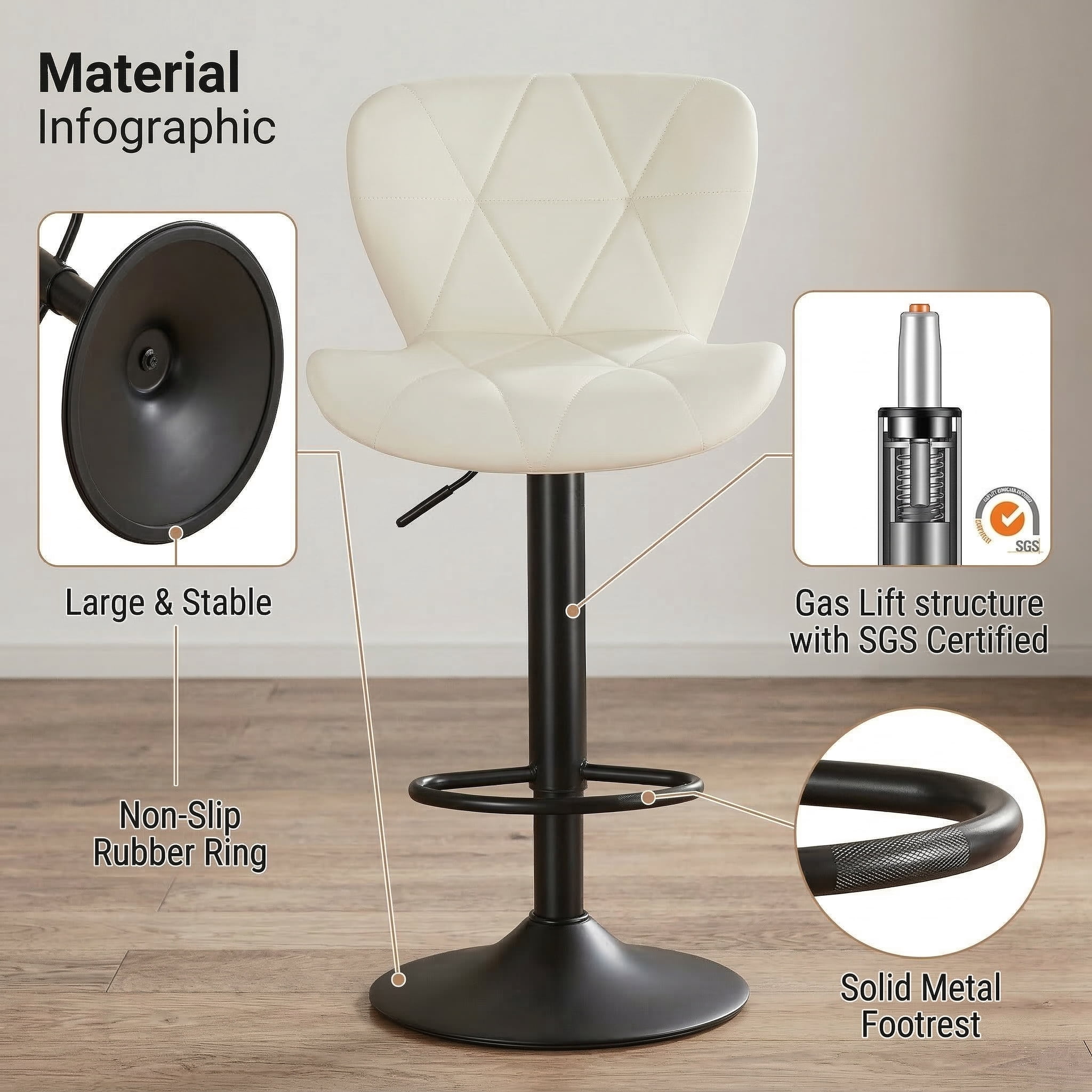 Restworld Solo Classic Adult Low Back Adjustable Seat Height Bar Stools - Set of 4, Beige