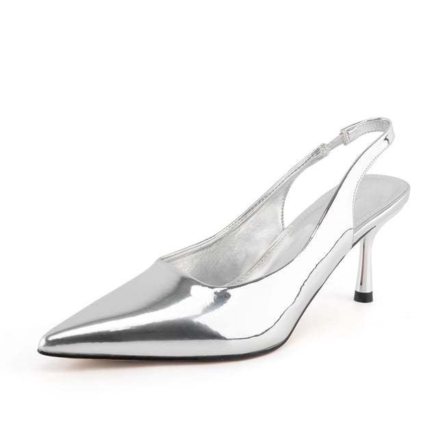 Zapatos de tacón Heelchic con diseño de gatito para mujer, color plateado metalizado, talla 8