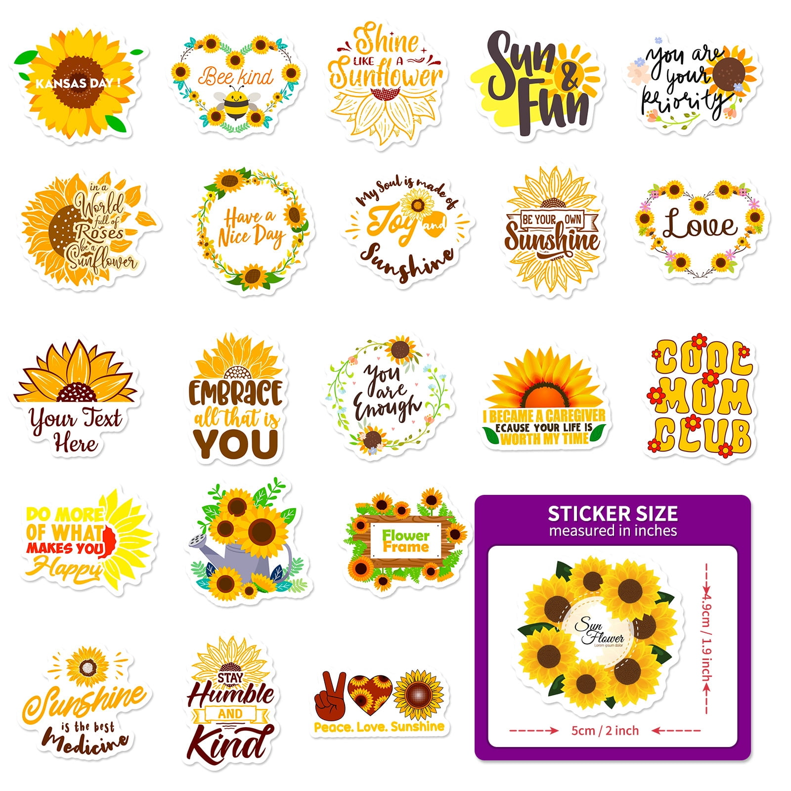 50-Pack Sunflower English Word Stickers - Fresh Ins-Style Cartoon Sunflower Decals for Phones, Laptops, and DIY Projects