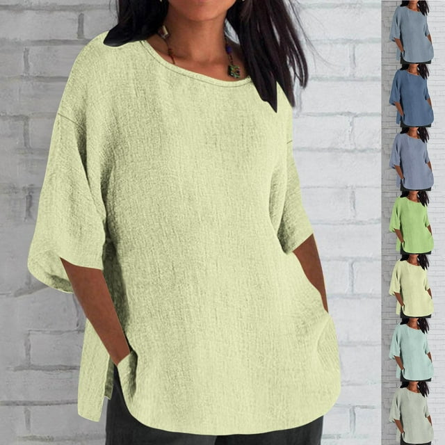 QIPOPIQ Tuniques Décontractées pour Femmes à Manches 3/4, Coupe Ample, Col Rond, T-Shirt, Liquidation