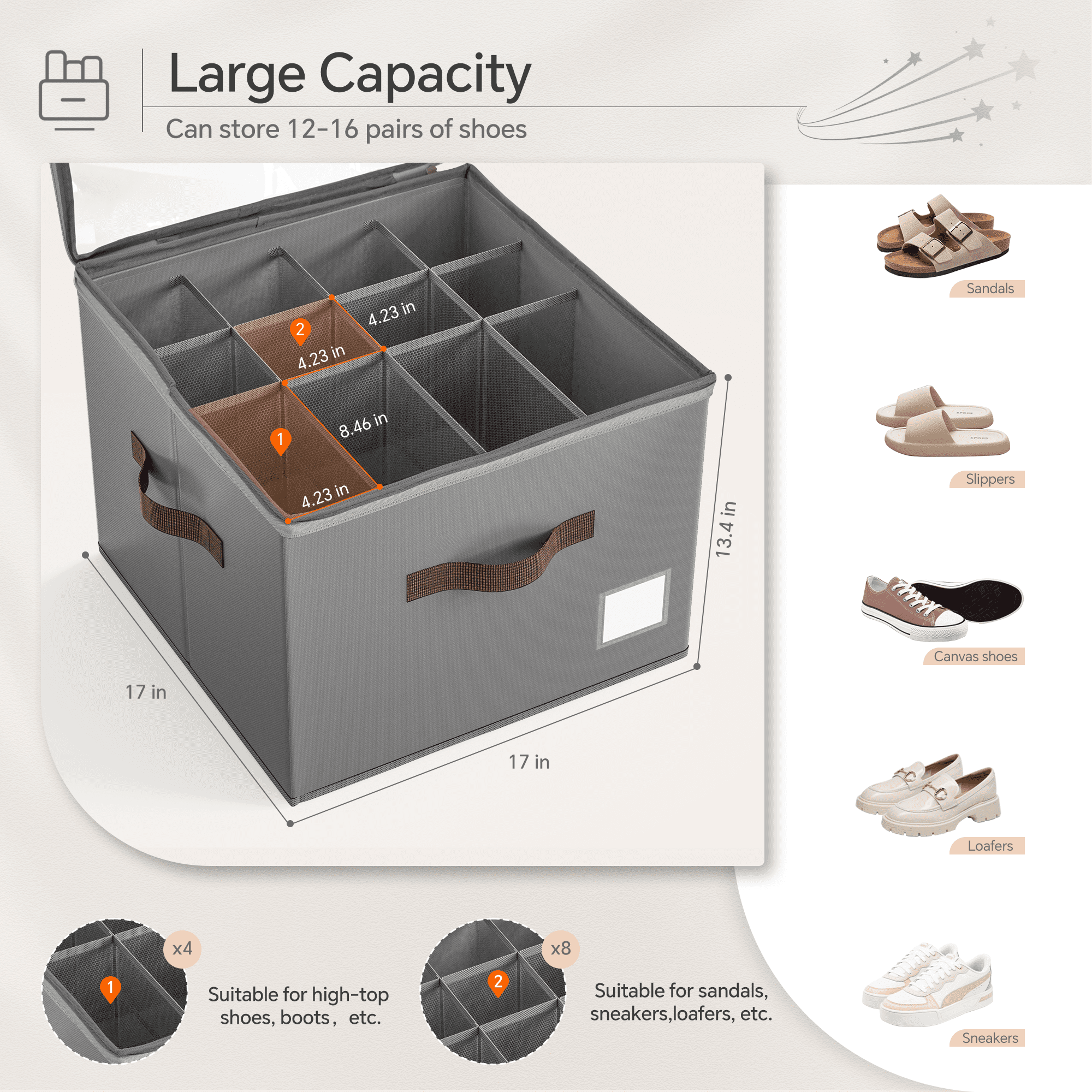 Criusia  Shoe Organizer for Closet, Shoe Storage for Sneakers Sandals Slippers, Fit 12-16 Pairs, Gray