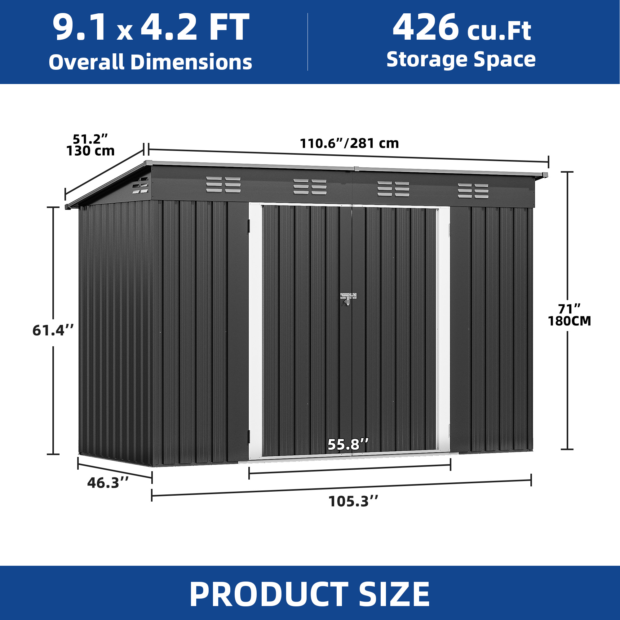 Uforic Oversized Steel Storage Shed with Ventilation, Lockable Doors, and Sloped Roof for Outdoor, Dark Gray