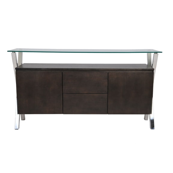 Tia Sideboard Buffet Console, 2 Doors, Chrome and Glass, Brown 63 Inch