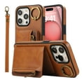 thumbnail image 4 of for iPhone 16 Pro PU Leather Case, Card Slots and Zipper Pocket Kickstand, Classic Protective Shockproof Lightweight Ultra Slim Flip Case Finger Ring Wrist Strap for iPhone 16 Pro, Brown, 4 of 8