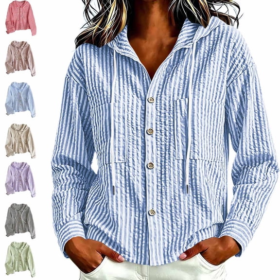 Zivyakyron Button down Women's Shirts Casual Fall Long Sleeve Striped Blouses for Women Beach Loose Hooded Tops Red XL