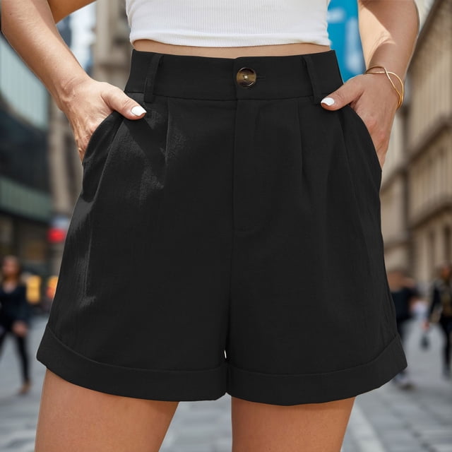 Bmisegm Short en Lin Taille Haute pour Femme avec Poches, Noir, G