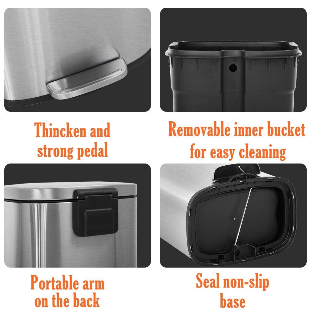 8 Gallon/30 L Kitchen Step Trash Can with Lid Brushed Stainless Steel Garbage Can with Plastic Inner Bucket Metal Pedal Waste Bin, Silver