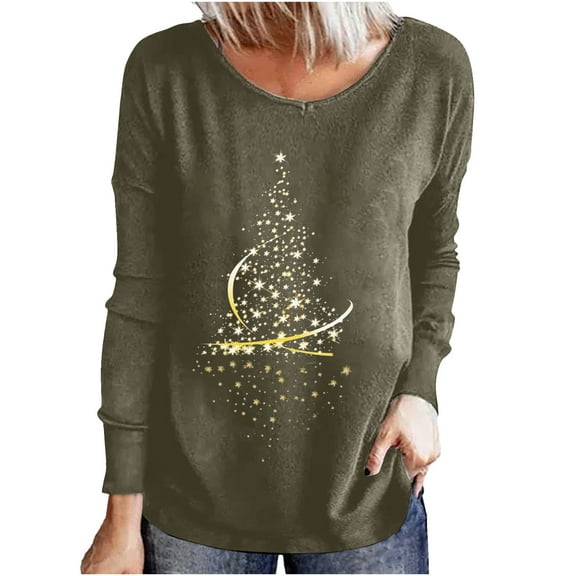 USSUMA Womens Christmas Pullovers Sweatshirts, Womens Tunic Tops Long-Sleeve Xmas Reindeer Hat Printing Shirts Casual Loose Comfy Scoop Neck Shirt Loose Pullover