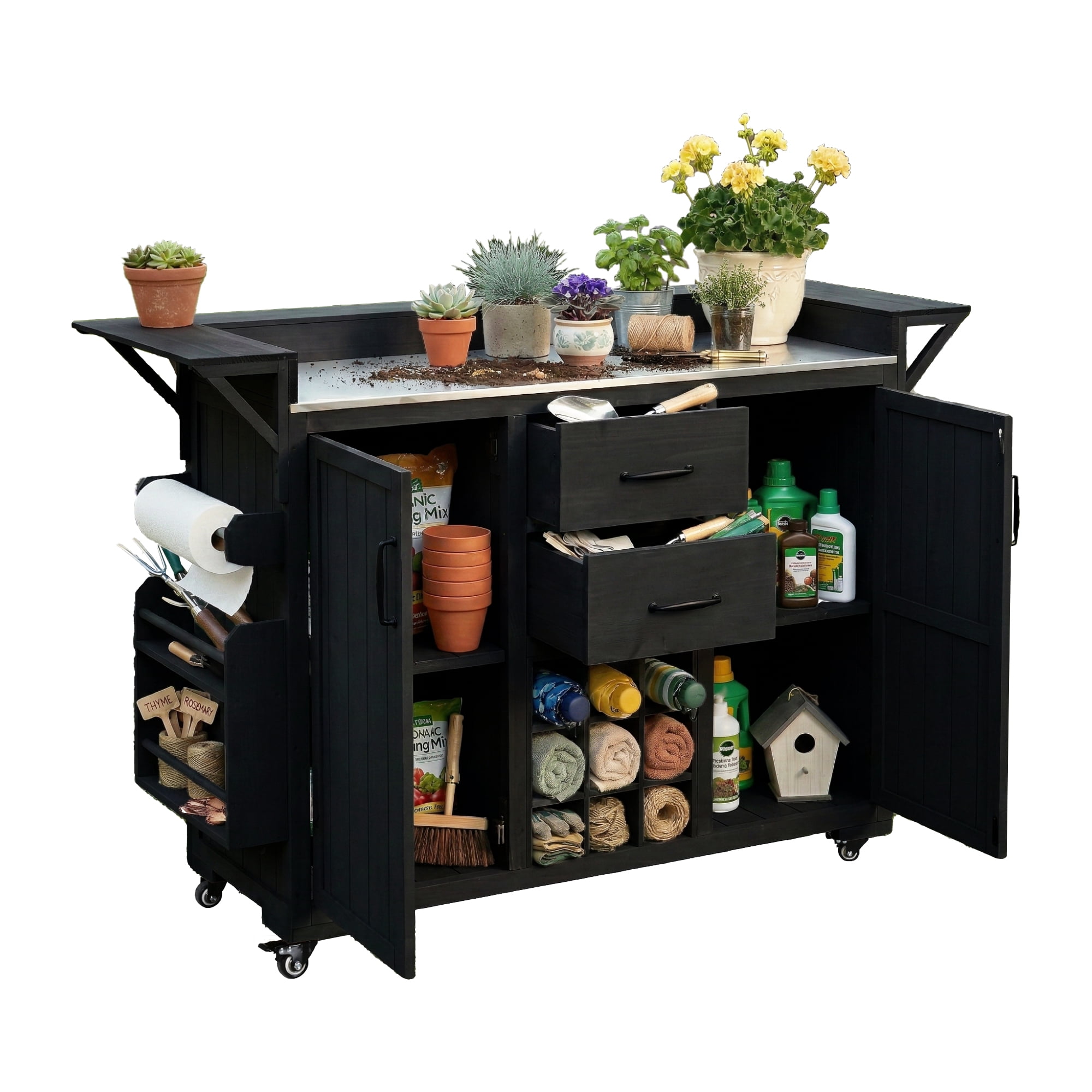 Modern 60.2" Outdoor Kitchen Island with Wheels, Rolling Kitchen Island with Stainless Steel Top & Wine Rack, Patio BBQ Kitchen Cart with Spice Rack & 2 Drawers, Black