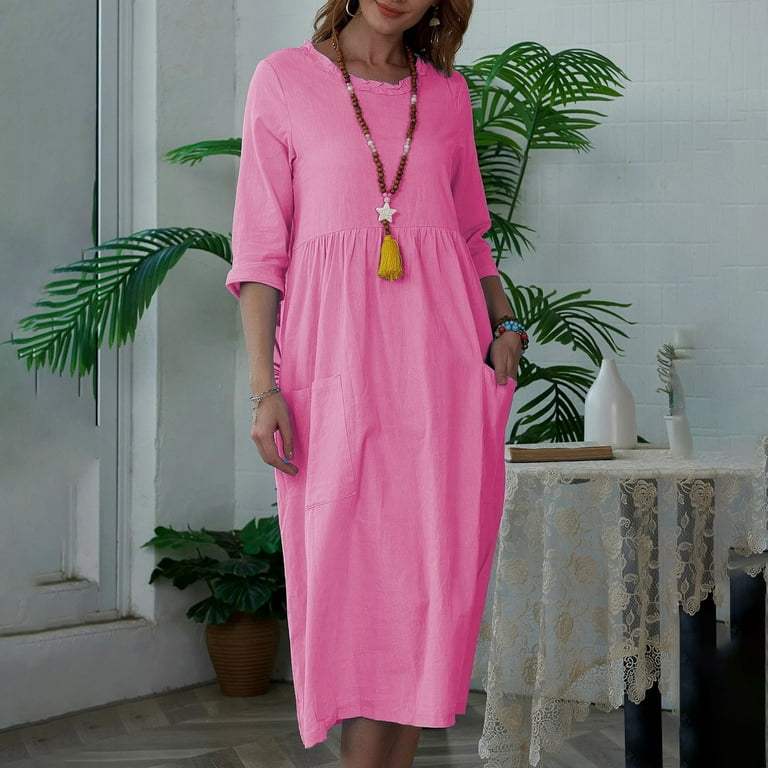 HAPIMO Women's Tea Length Cotton Linen Dress Solid Holiday Autumn Dresses  Boat Neck Elegant Casual Comfy Vintage Boho 3/4 Sleeves Pink L - Walmart.com