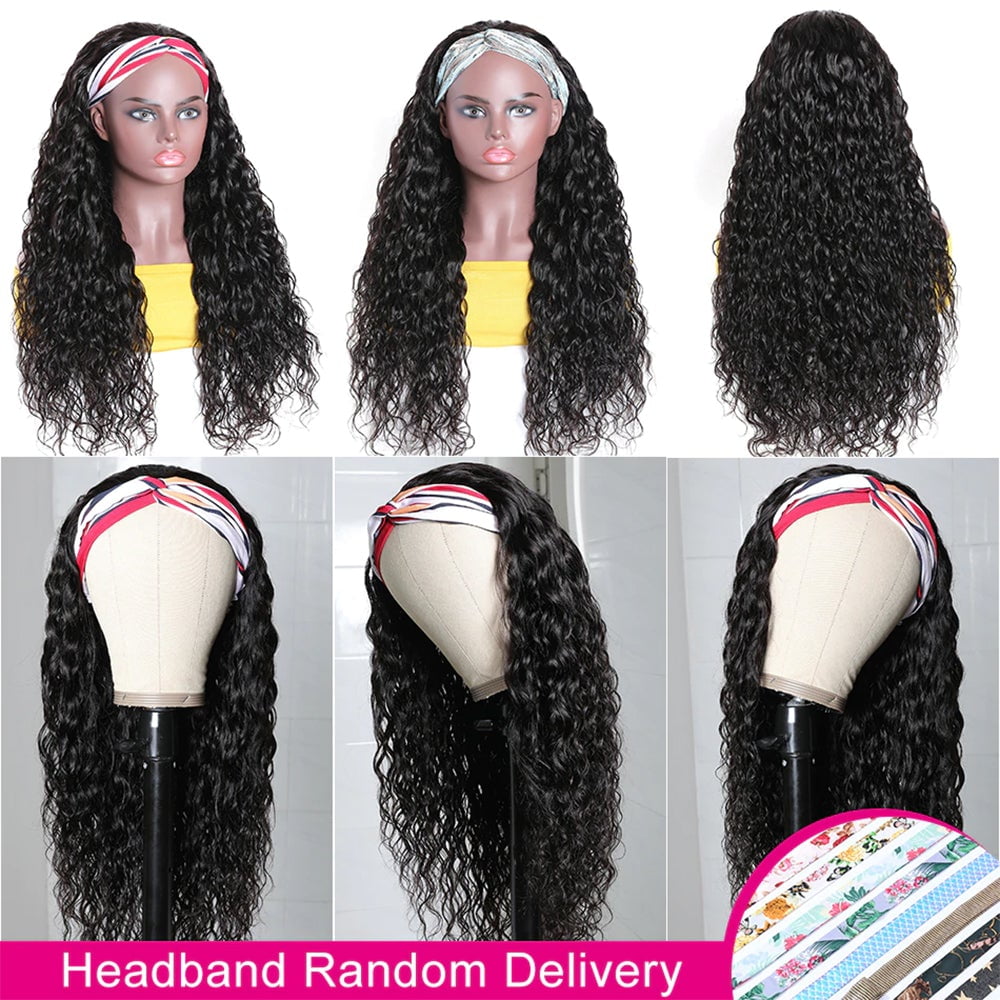 Headband Wig Human Hair Water Wave Glueless None Lace Front Headband Wig Brazilian Virgin Hair Wigs for Black Women - 24 inch