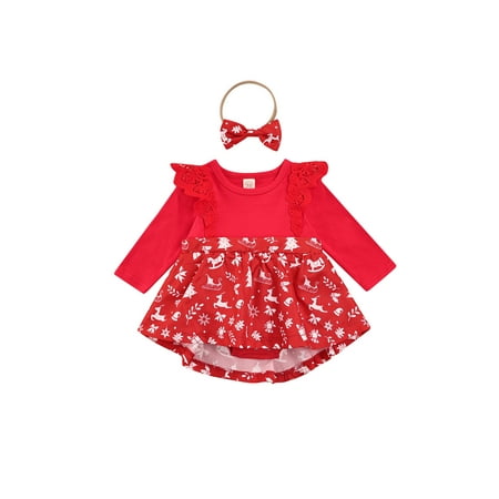 

Pudcoco Baby Christmas Round Collar Long Sleeve Romper Bow Headdress