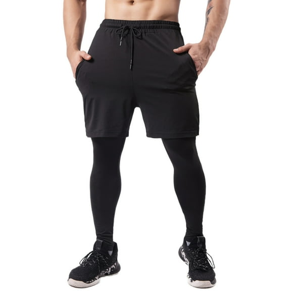 Men's 2 in 1 Running Pants, Gym Workout Compression Pants for Men Training Athletic Size 3XL Black