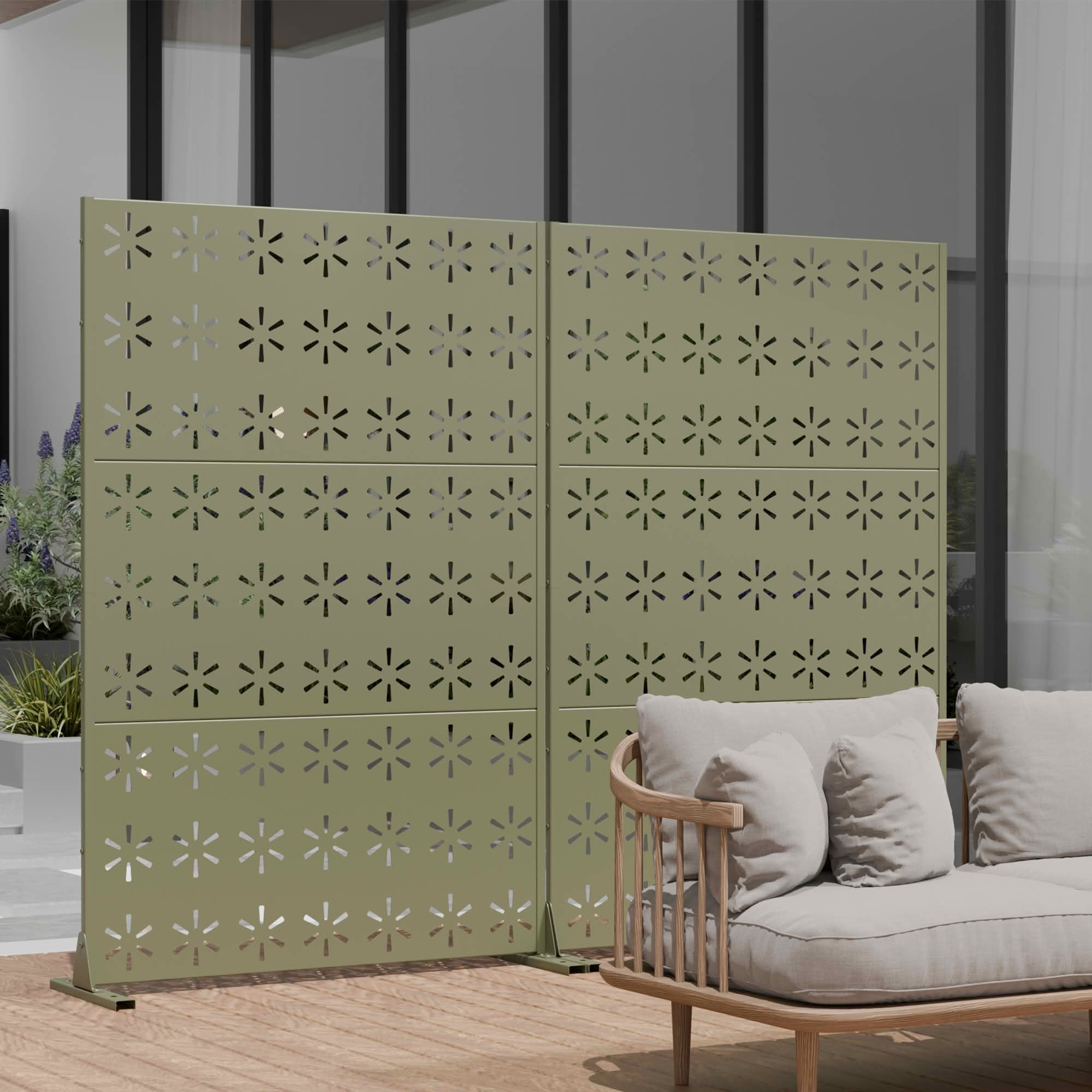 MAYEERTY 72x47x16 Inch Olive Gray Starburst Galvanized Steel Privacy Screen, 3 Piece Set for Outdoor Garden