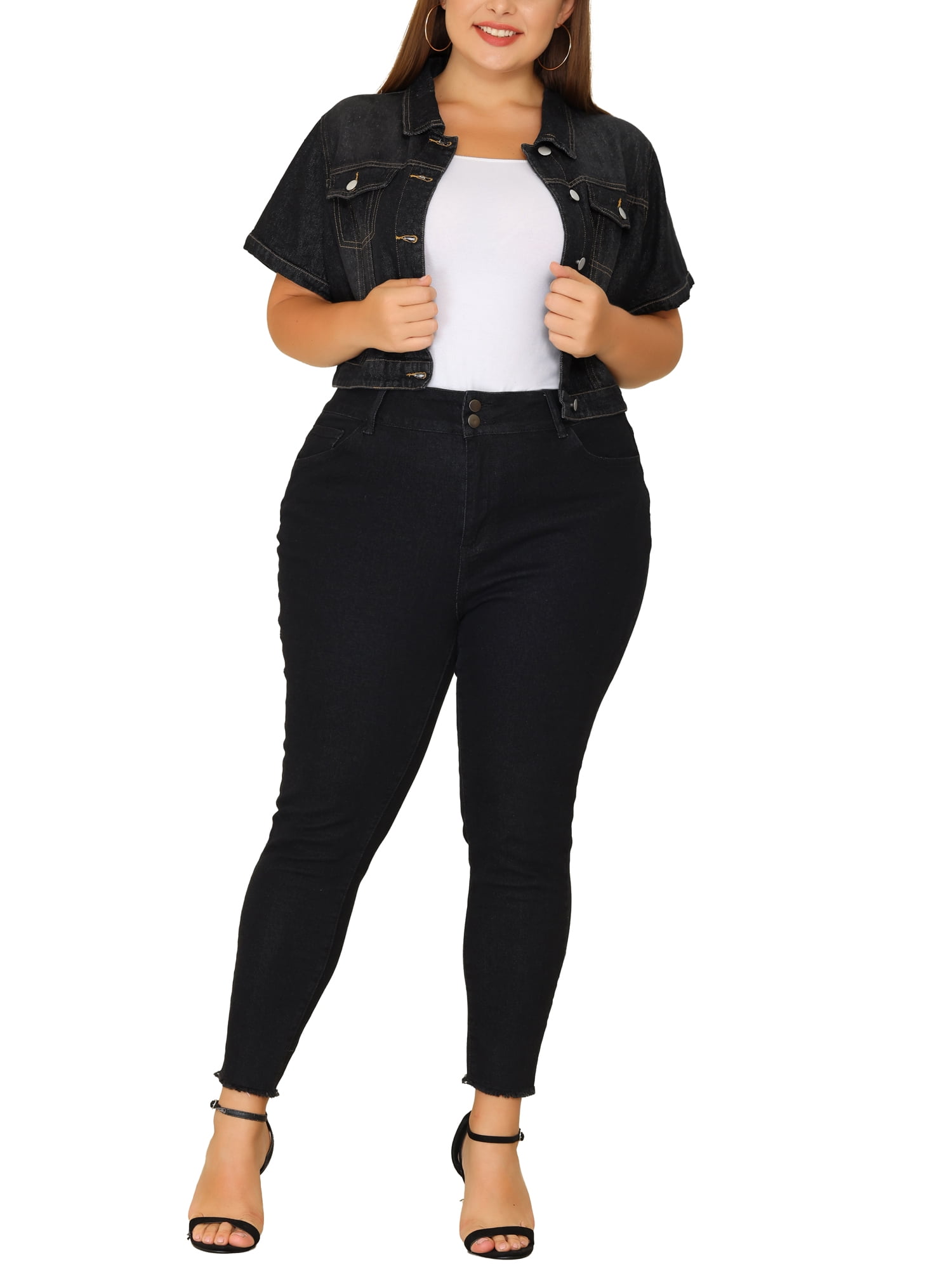 DARING DIVA Women's Plus Size Short Sleeves Button Down Jean Jacket 5X Black
