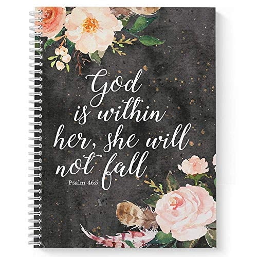 Cuaderno/espiral religioso She No Caerá de tapa blanda, 8.5 x 11, 120 páginas rayadas, cubierta laminada brillante, y espiral blanco. USA