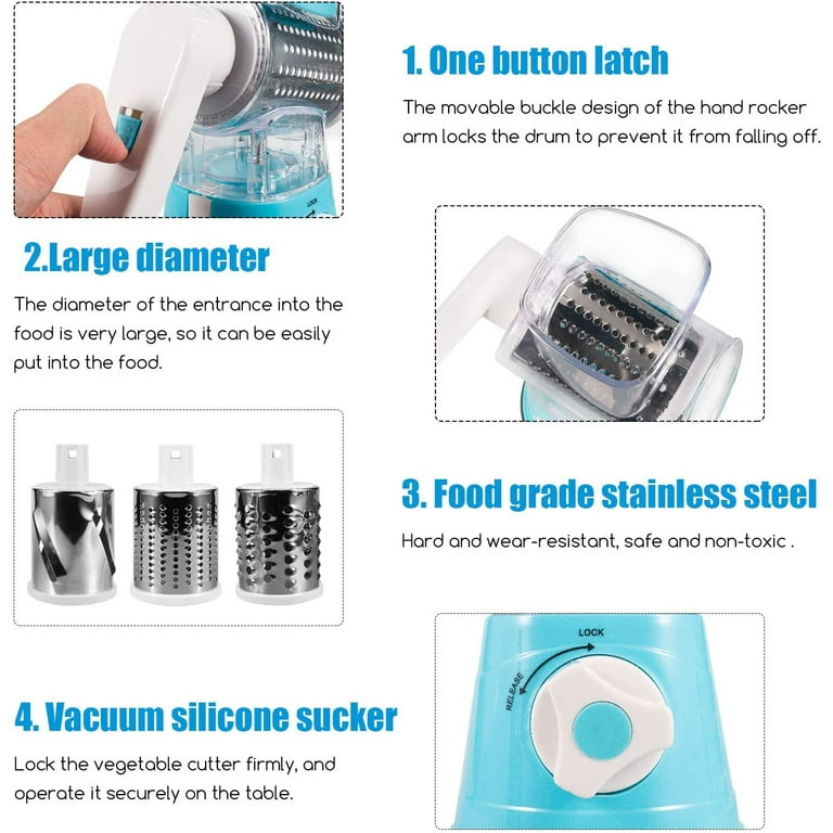 Rotary Cheese Grater Shredder Chopper Round Tumbling Box Slicer Nut Grinder  Vegetable Slicer, Hash Brown, Potato with Strong Suction Base