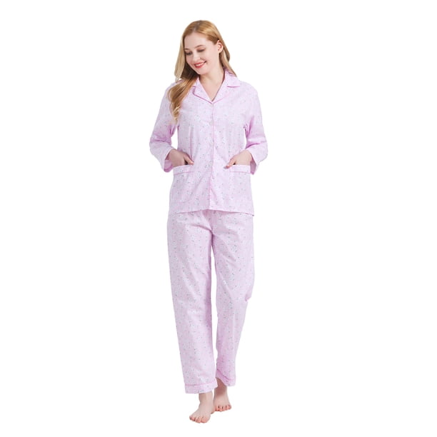 Conjunto de Pijama y Ropa de Descanso de Algodón para Mujer, Top de Manga Larga con Botones y Pantalones con Cintura Elástica y Cordón, Pijamas Suaves y Cómodos de Largo Completo para Mujer, Flores P