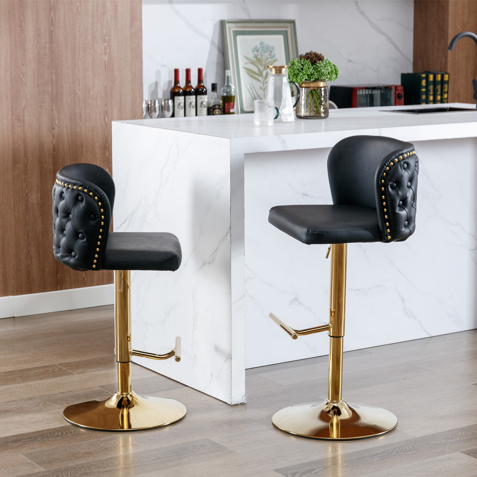 Round Kitchen High Bar Chairs with Golden Base PU Upholstered Bar Stool Chair Height Adjustable from 25-33 Inch Counter Chair with Back Swivel Barstool with Footrest for Kitchen (Set of 4)