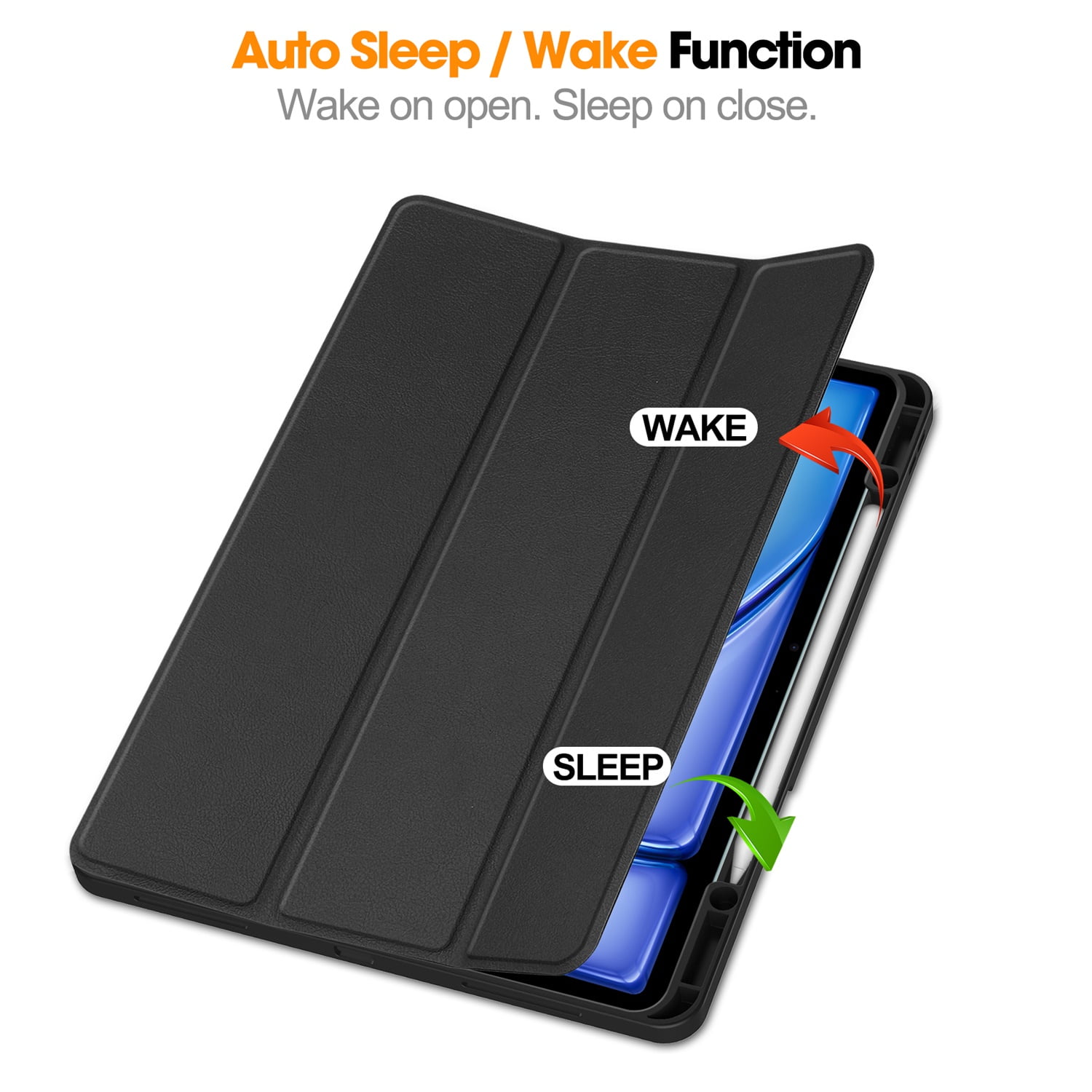 SaniMore for Apple iPad Air 13 (2024) Case, Auto Sleep/Wake, PU Leather Case with Tri-Fold Kickstand & Pencil Holder Shockproof Protective Cover for Women Men, Black
