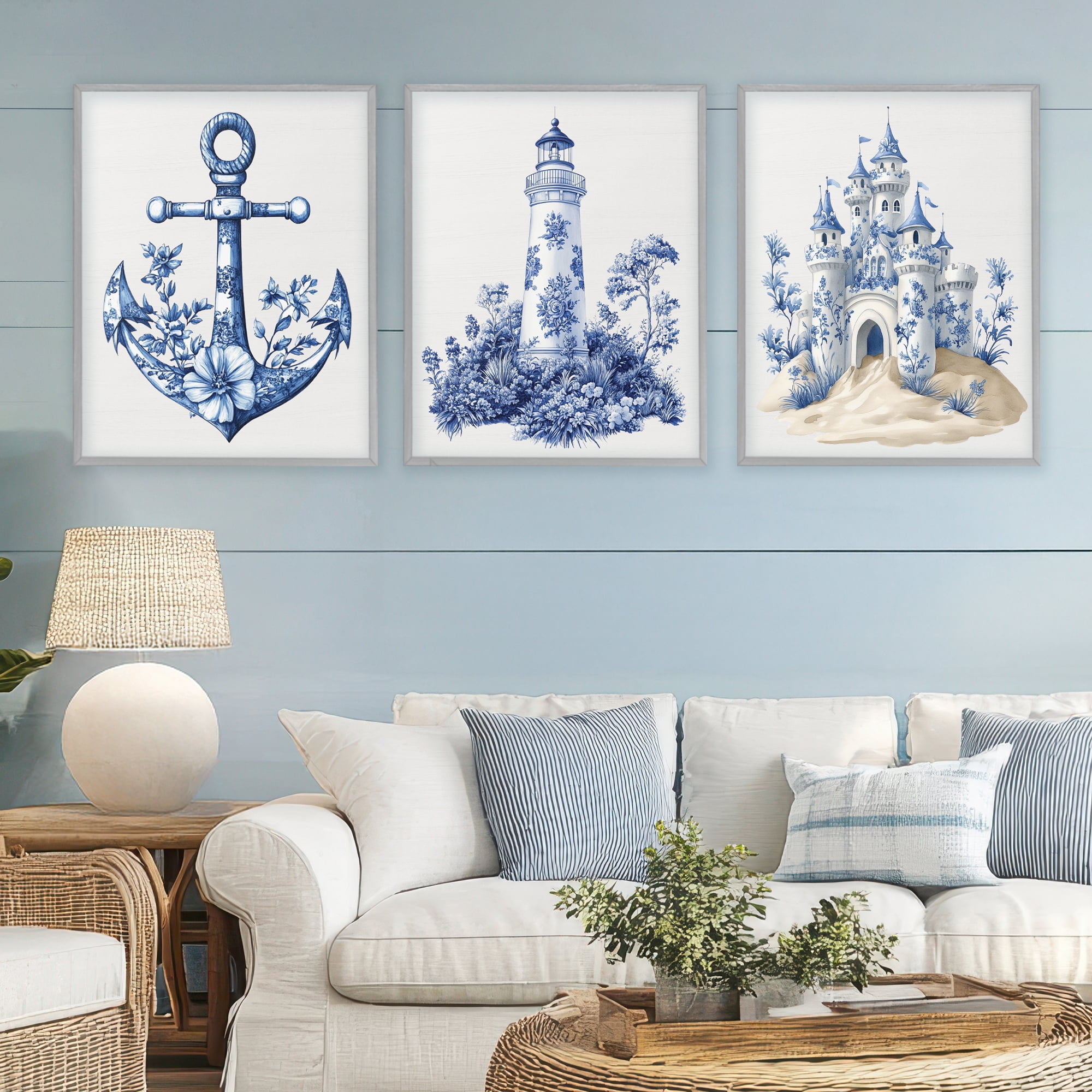 Ornate Nautical Toile Patterns 3 Piece Gray Framed Giclee Art Set, design by Lettered and Lined