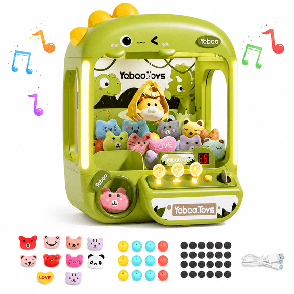 Carsky Dinosaur Claw Machine with Lights and Music, Mini Arcade Grabber Game with 10 Plush Prizes, 10 Color Balls, 24 Coins, USB Cable, Desktop Carnival Game Machine