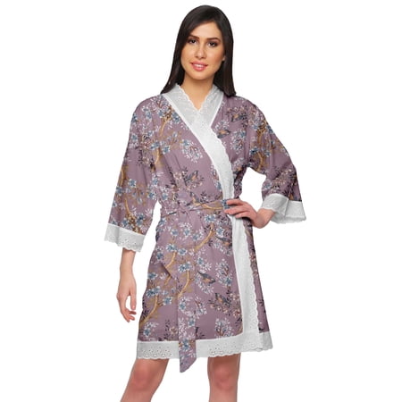 Moomaya Cotton Printed Robe For Women Kimono Getting Ready Bridesmaid Lace Robes