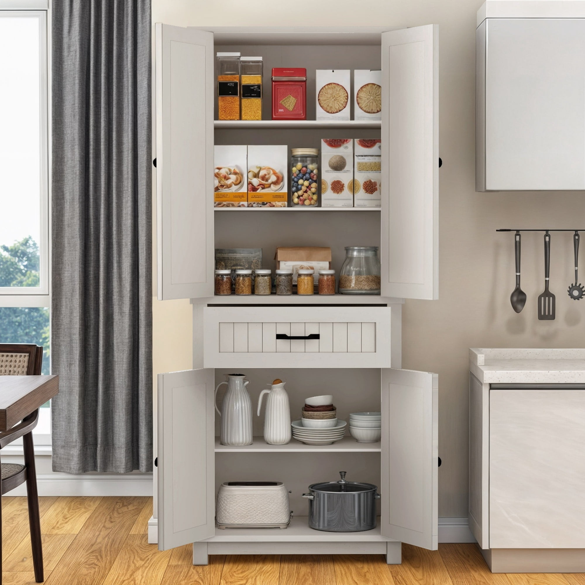 ModFusion 72" Kitchen Pantry Storage Cabinet with Large Drawer, Adjustable Shelf, Farmhouse Magnetic Doors, Corner Cupboard 1.3×2.5×6 ft Food Buffet, White Oak