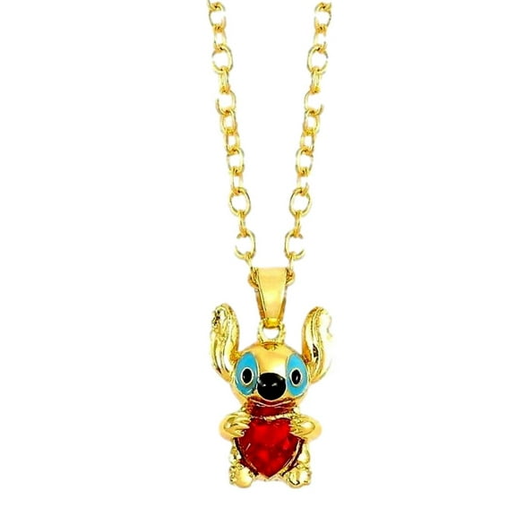Stitch Cartoon Character Holding Red Heart .75 Inch Tall Pendant Necklace