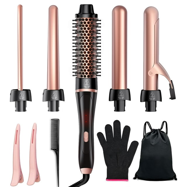 Rizador de pelo 5 en 1, set de rizador de pelo, cepillo t�rmico, 4 rizadores de cer�mica intercambiables (0,35"-1,25"), calentamie